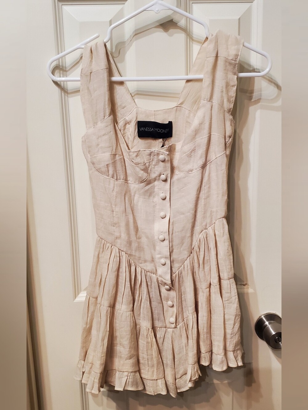 Vanessa Mooney Cream Button-Front Tiered Romper